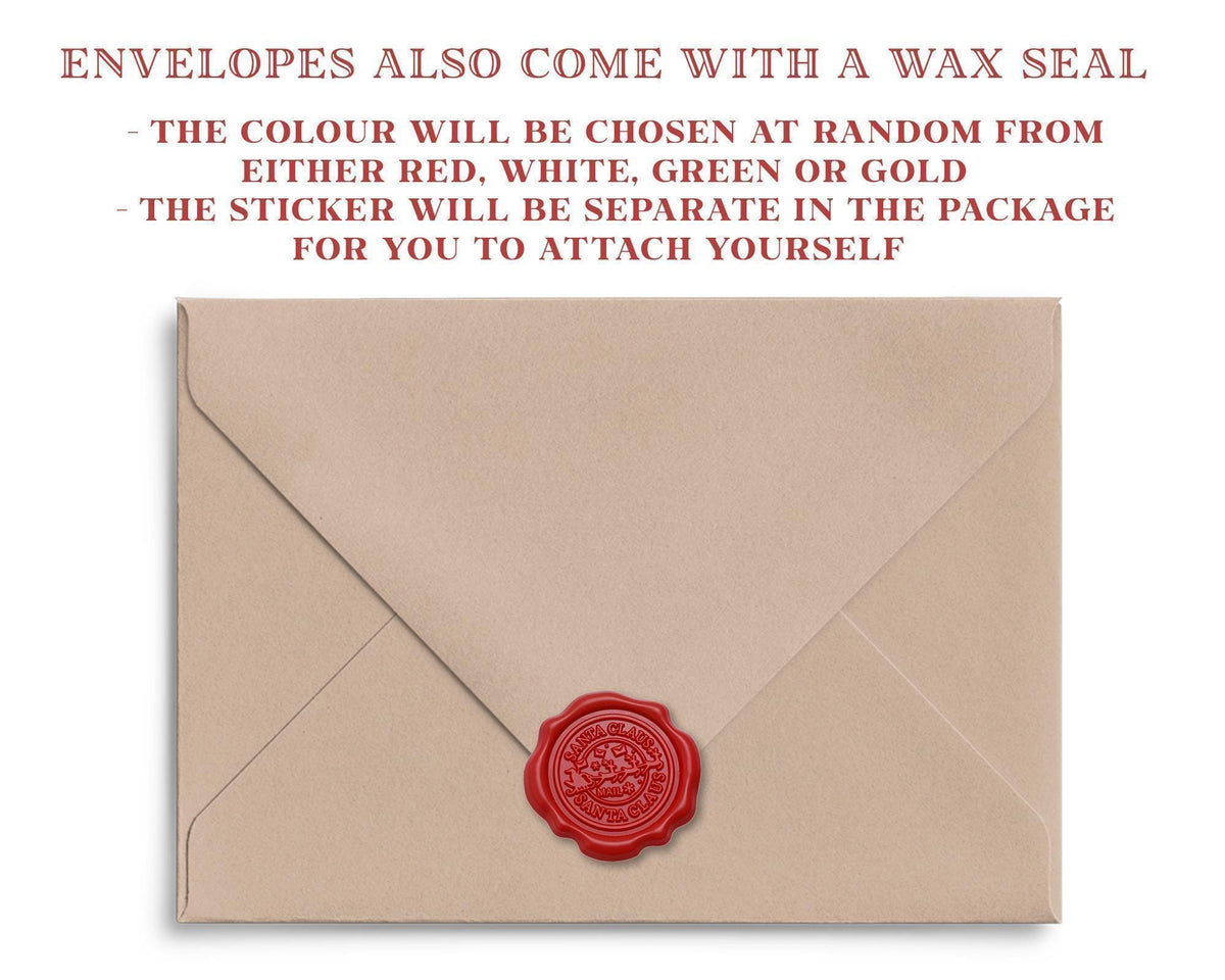 an envelope with a wax seal, and the text above the envelope provides information about the contents, including the color and the sticker.