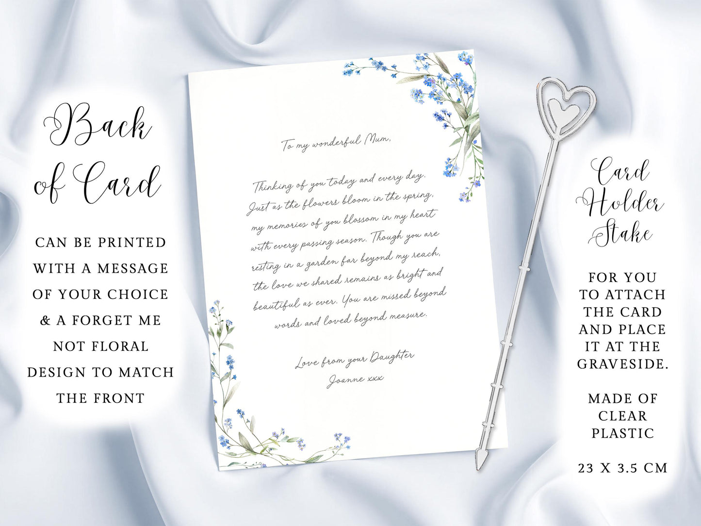 a card with a heartfelt message, a floral design, and a metal card holder with a heart-shaped handle. The card is printed with a message for a mother, and the card holder is made of clear plastic.