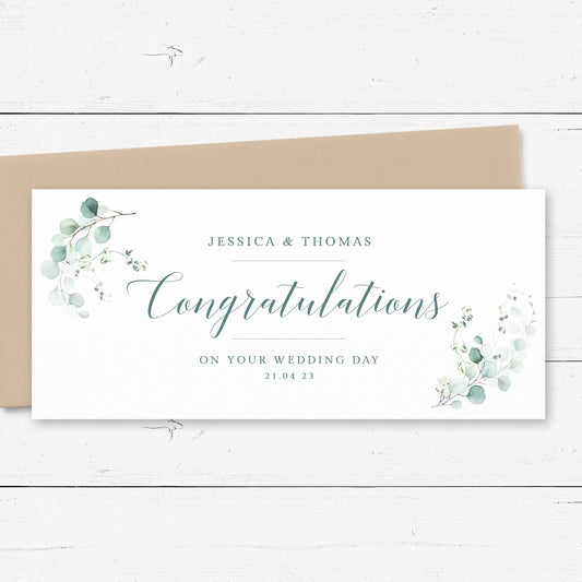 watercolour eucalyptus wedding money wallet card personalised matte smooth white cardstock kraft brown envelope