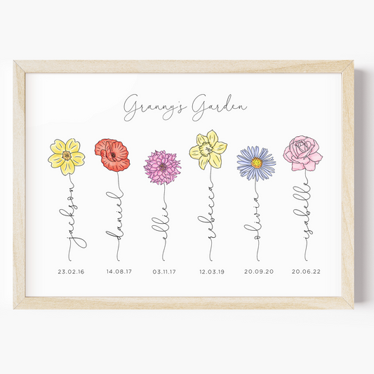 grandmas garden birth flowers print personalised matte smooth white paperstock unframed