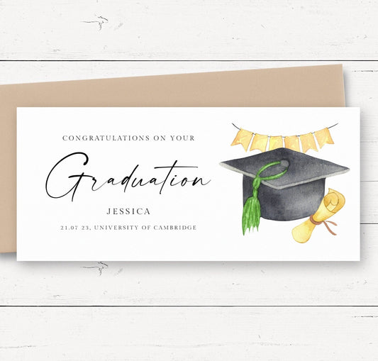 watercolour cap hat graduation money wallet card personalised congratulations matte white cardstock kraft brown envelope