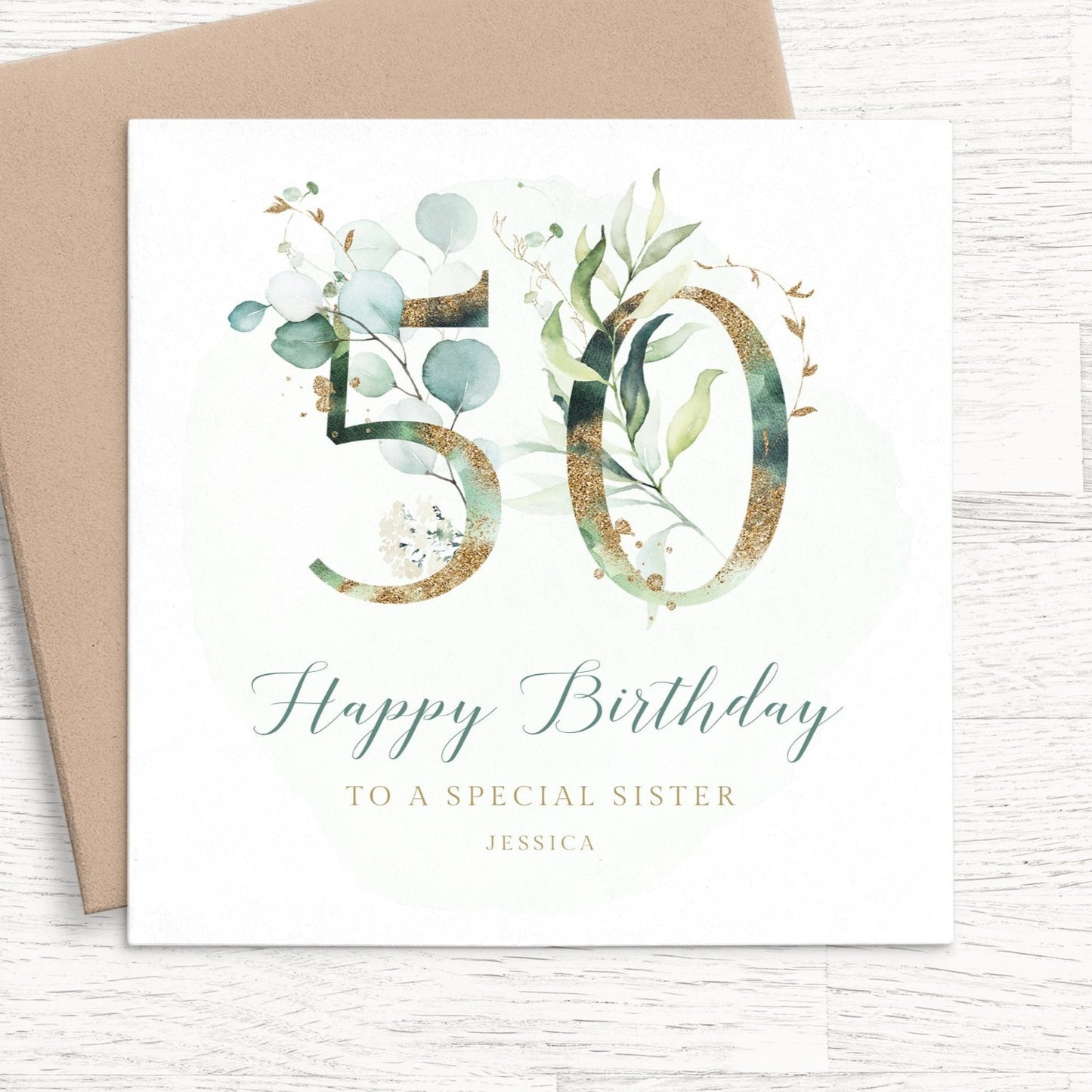sister eucalyptus 50th birthday card personalised smooth matte white cardstock kraft brown envelope