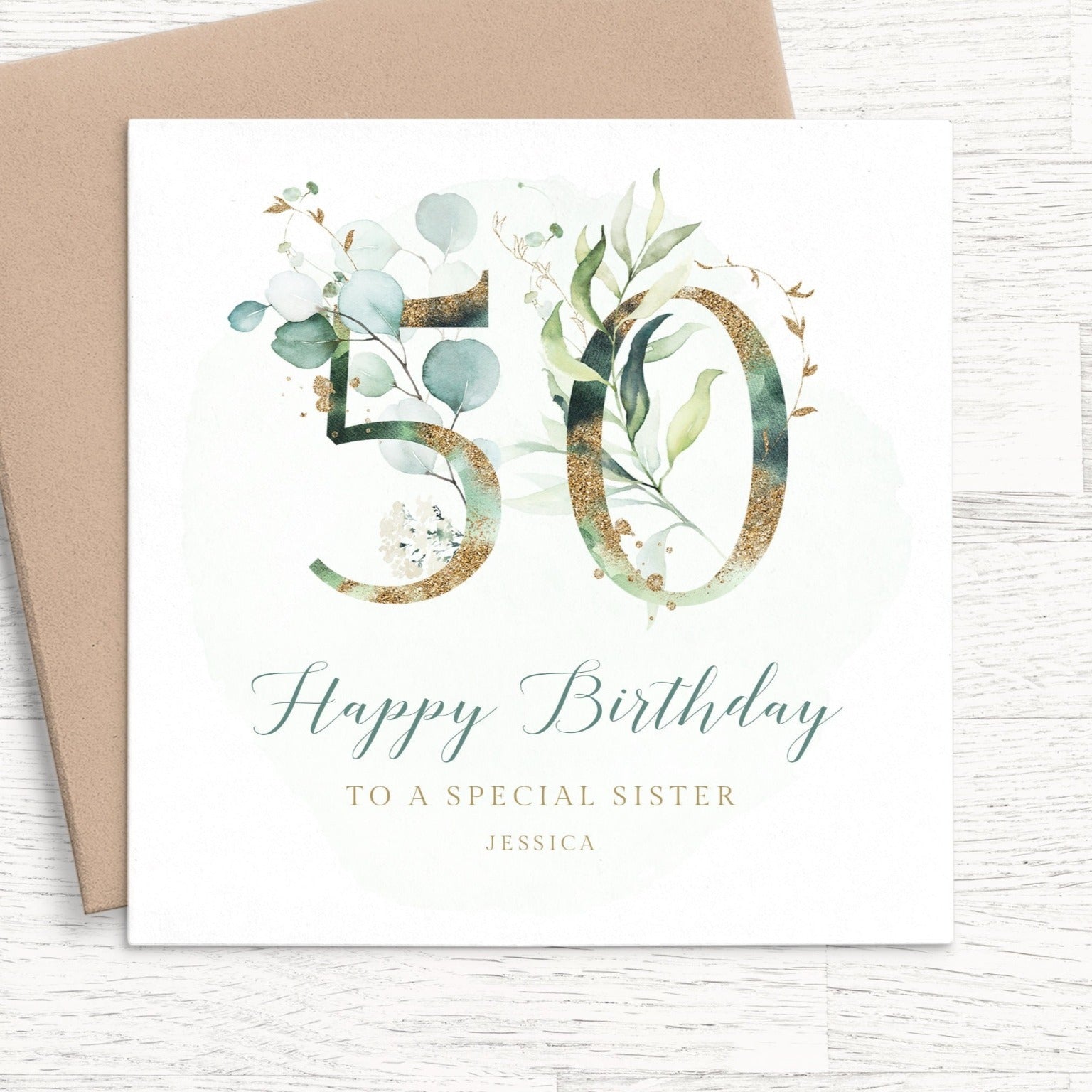 sister eucalyptus 50th birthday card personalised smooth matte white cardstock kraft brown envelope