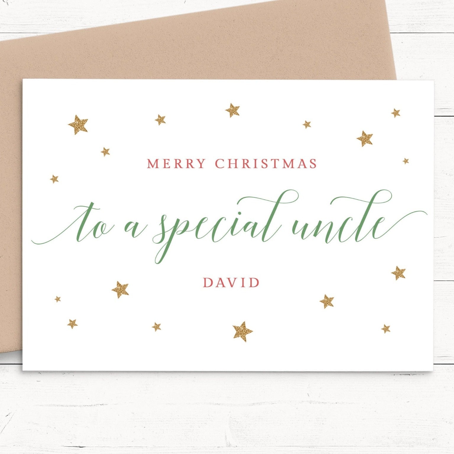 merry christmas uncle personalised christmas card matte white cardstock kraft brown envelope boy girl uncle