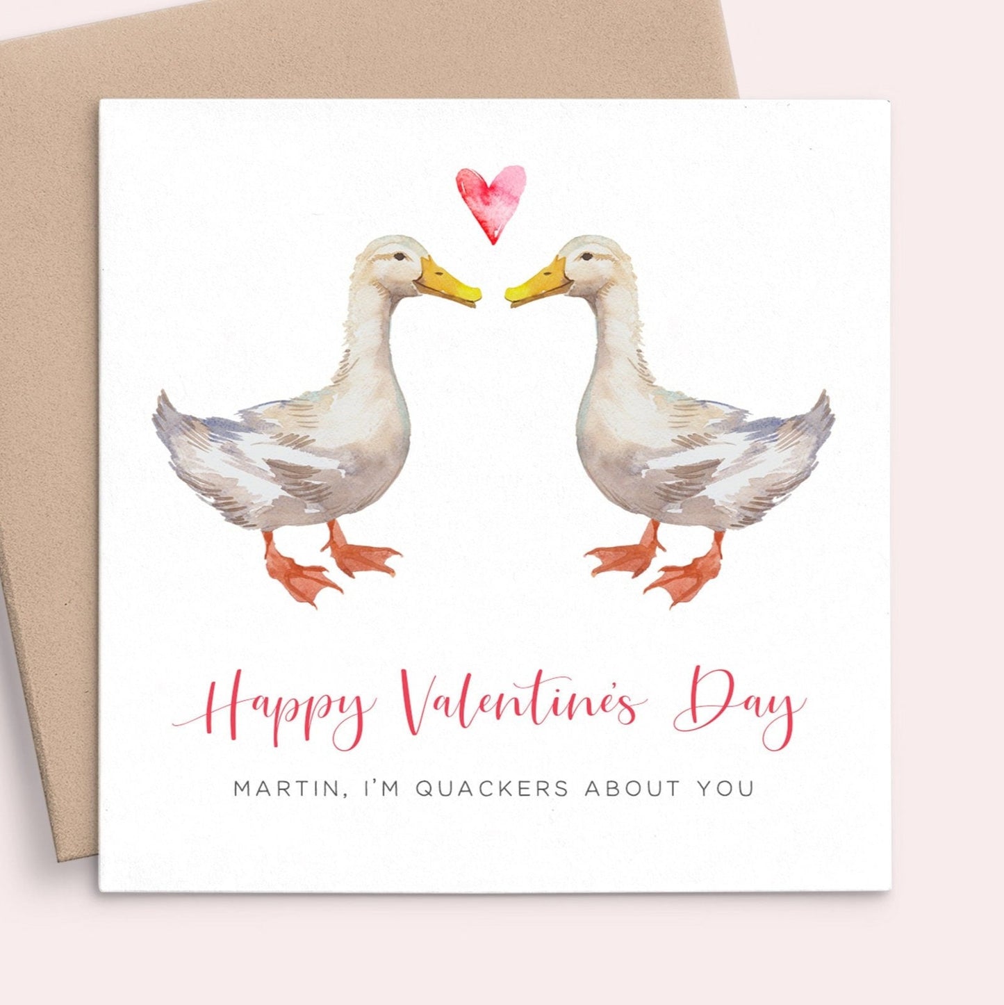 watercolour personalised duck valentines card husband name matte white cardstock square kraft brown envelope