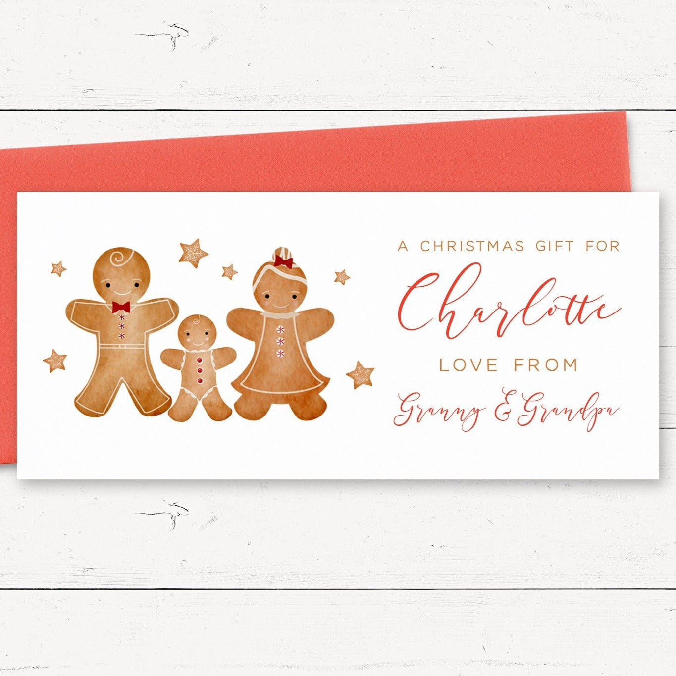 gingerbread personalised money wallet card red envelope smooth white matte cardstock granddaughter girls daughter