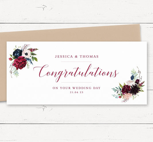 watercolour burgundy floral wedding money wallet card holder personalised matte cardstock kraft brown envelope