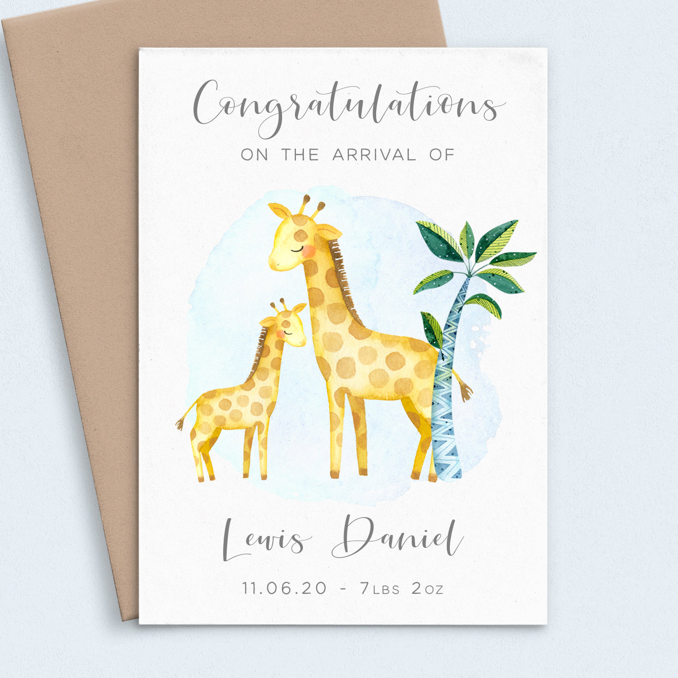 new baby boy watercolour giraffe blue personalised matte white cardstock kraft brown envelope