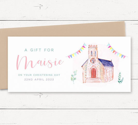 girls christening money wallet card personalised matte white cardstock kraft brown envelope