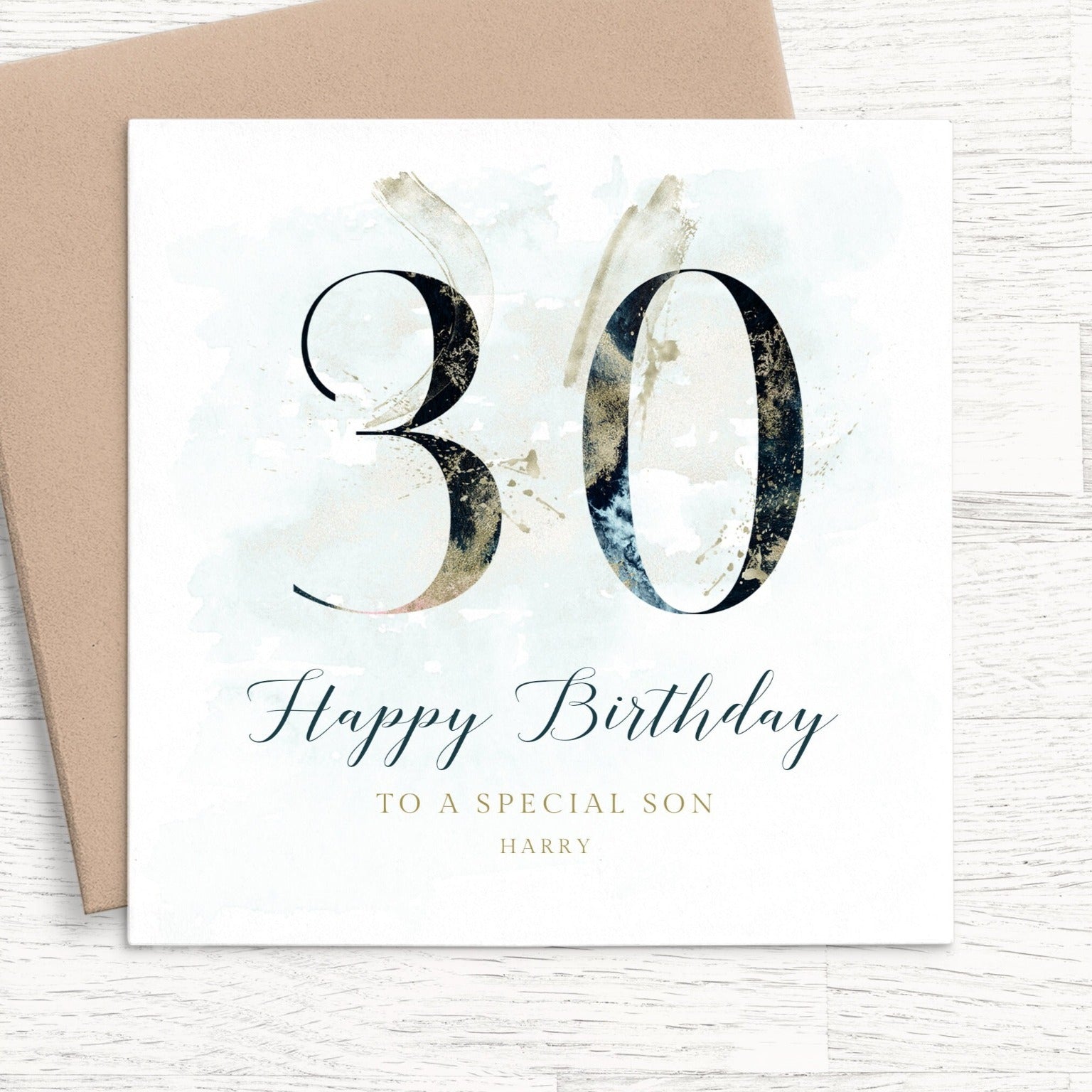 son navy 30th birthday card personalised smooth matte white cardstock kraft brown envelope