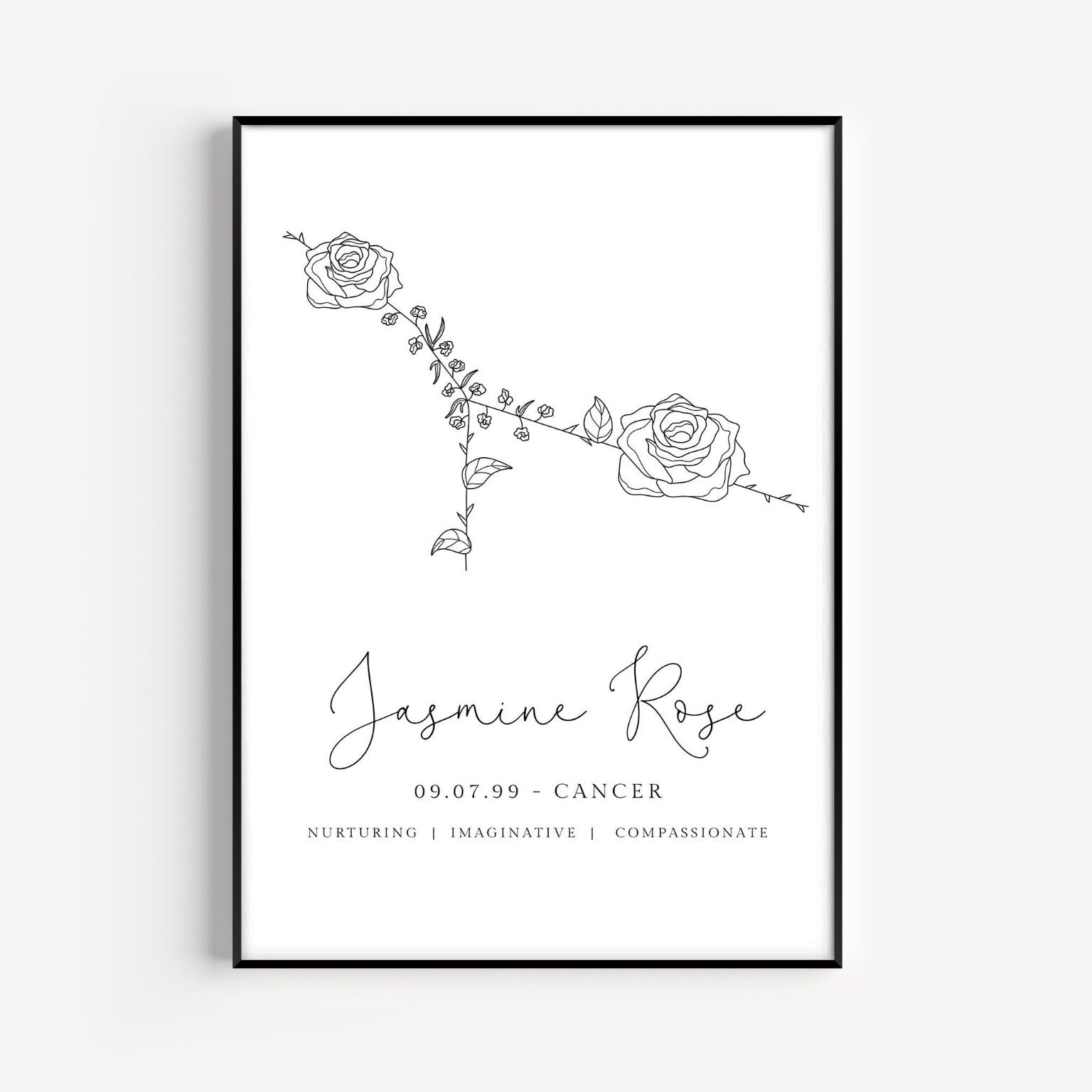 cancer zodiac birth flower line art print personalised with name and date background colour of your choice matte paperstock unframed