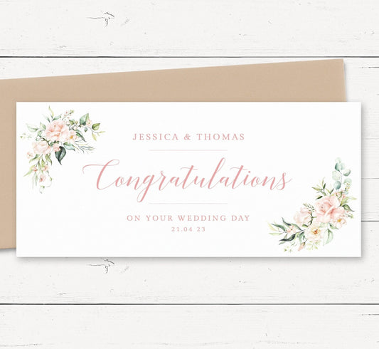 watercolour blush pink floral wedding money wallet card holder personalised matte cardstock kraft brown envelope