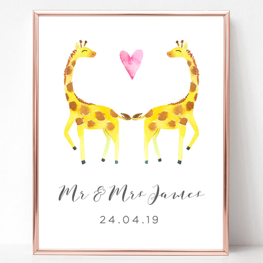 watercolour giraffe couple print personalised matte smooth white paperstock unframed