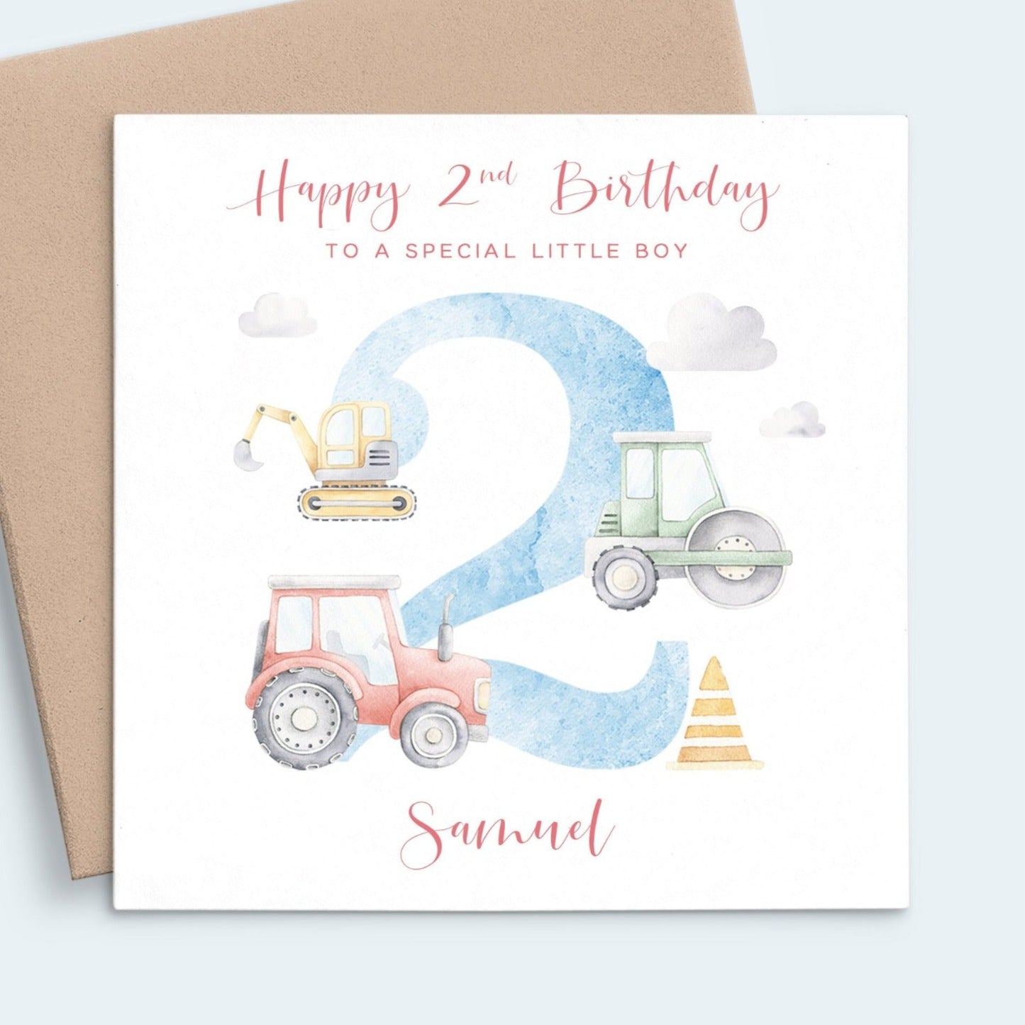 tractors 2nd birthday card boy personalised matte white cardstock kraft brown envelope