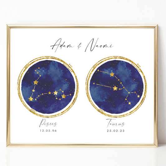 navy watercolour zodiac couple print personalised with names and star signs unframed matte white smooth paperstock
