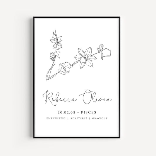 pisces zodiac birth flower line art print personalised with name and date background colour of your choice matte paperstock unframed