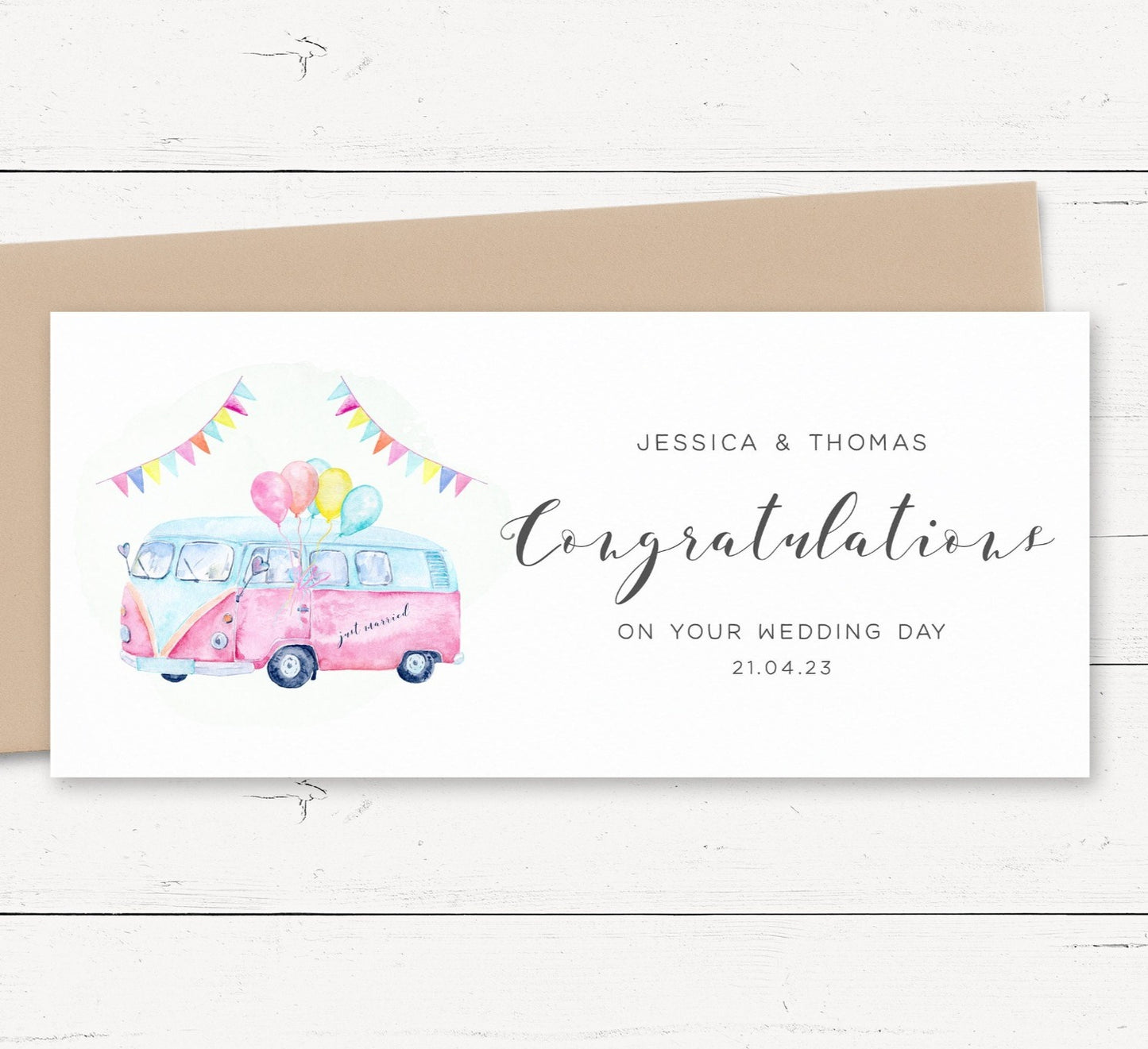 campervan wedding money wallet card personalised matte white cardstock kraft brown envelope