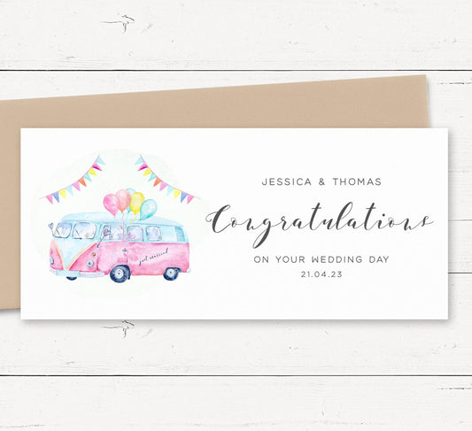 campervan wedding money wallet card personalised matte white cardstock kraft brown envelope