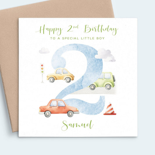 watercolour blue cars 2nd birthday card boy son grandson matte white cardstock kraft brown envelope personalised