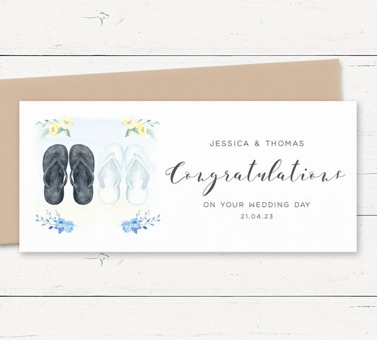 flip flops wedding money wallet card personalised matte white cardstock kraft brown envelope