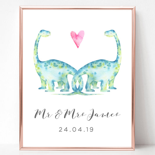 watercolour dinosaur couple print personalised matte smooth white paperstock unframed