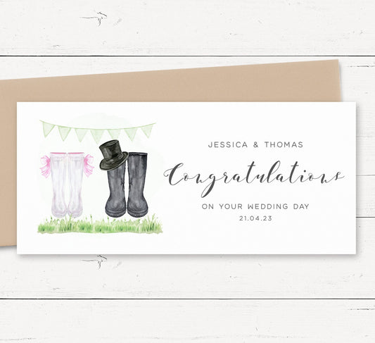 wellies wedding money wallet card personalised matte white cardstock kraft brown envelope