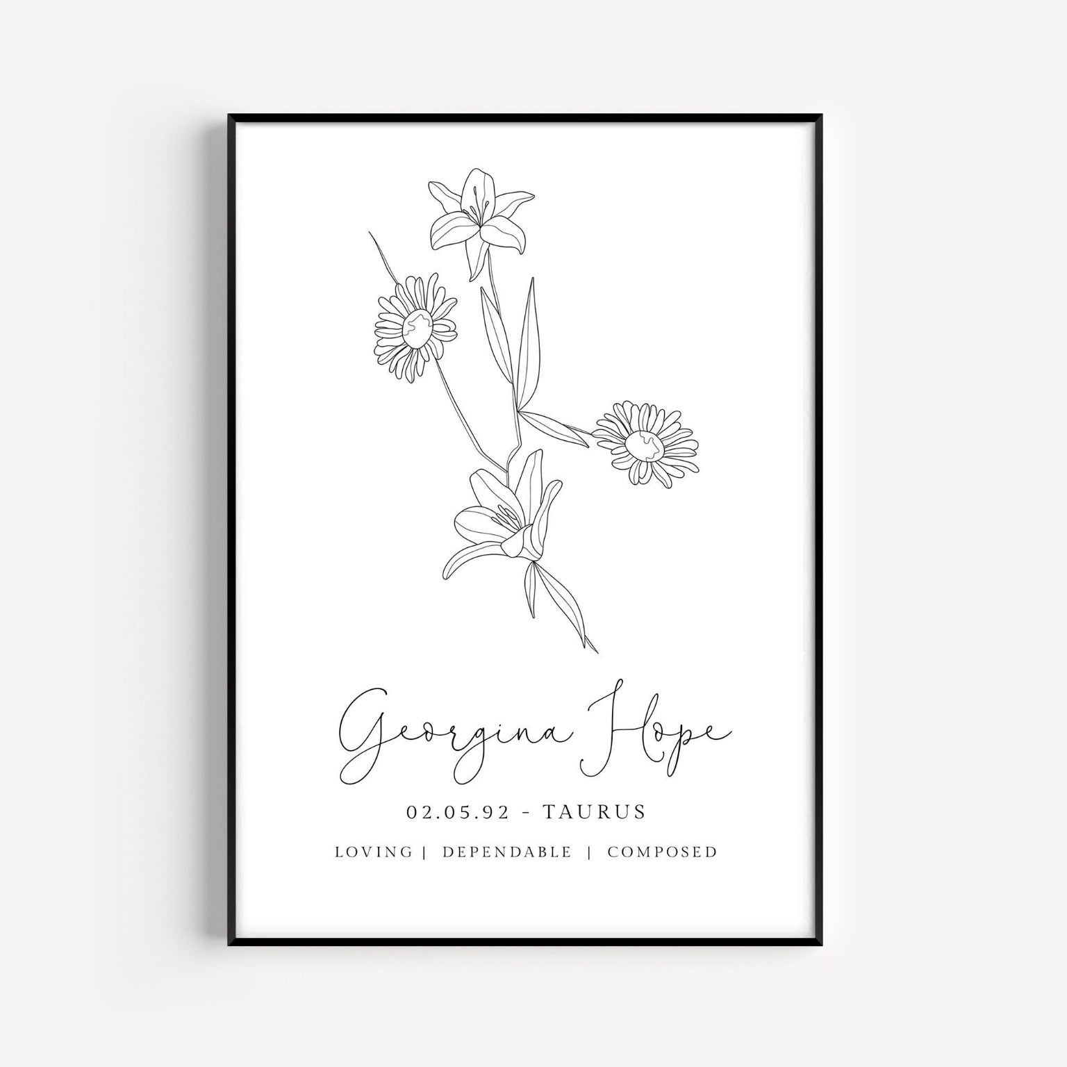 taurus zodiac birth flower line art print personalised with name and date background colour of your choice matte paperstock unframed