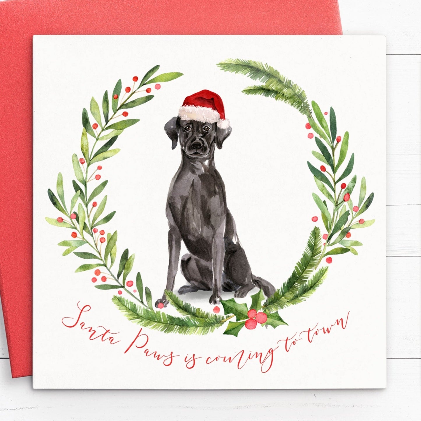 black labrador santa paws christmas card pack pun quantity of choice matte white cardstock red envelope