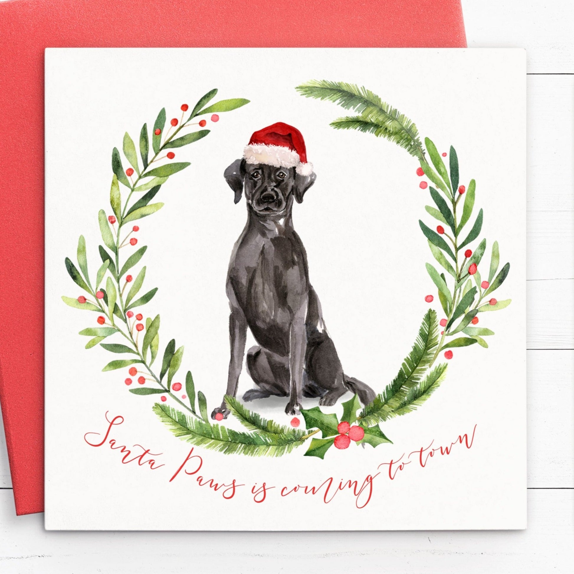 black labrador santa paws christmas card pack pun quantity of choice matte white cardstock red envelope