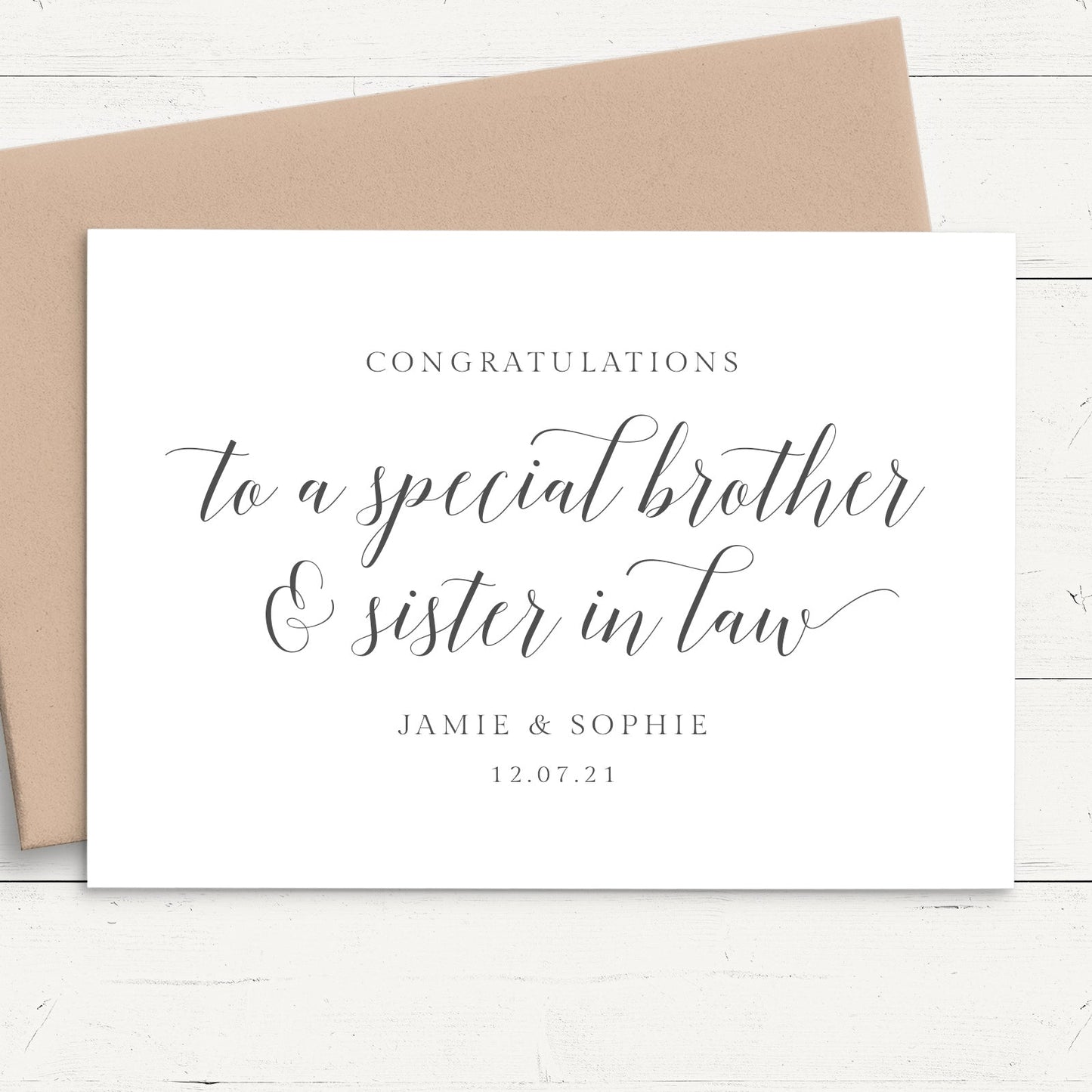 congratulations wedding card personalised calligraphy brother sister in law name date white cardstock kraft brown envelope