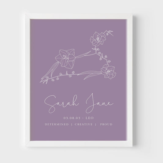 leo zodiac birth flower line art print personalised matte paperstock unframed