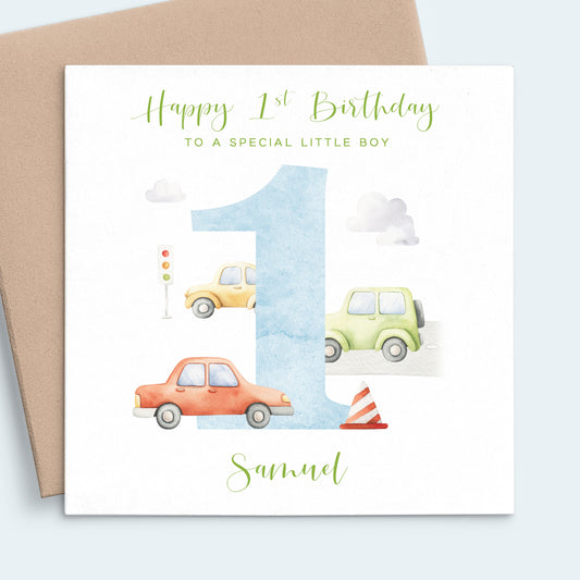 boys cars first birthday card personalised matte white cardstock kraft brown envelope