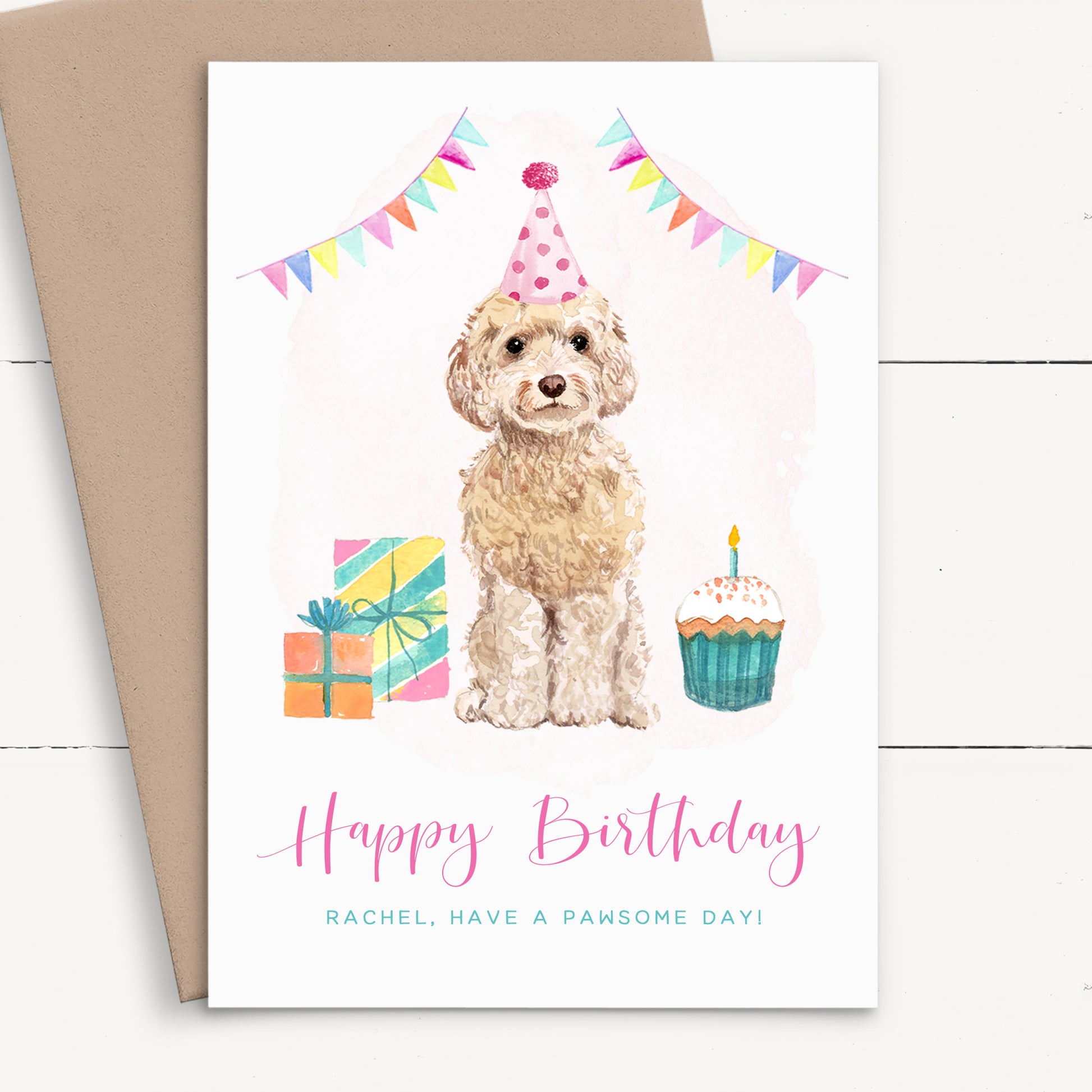 womens cute cockapoo birthday card personalised smooth matte white cardstock kraft brown envelope