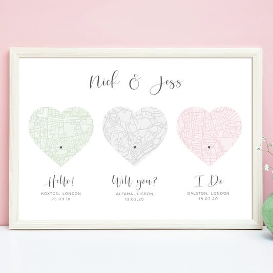 triple city map print met engaged married personalised matte smooth white paperstock unframed