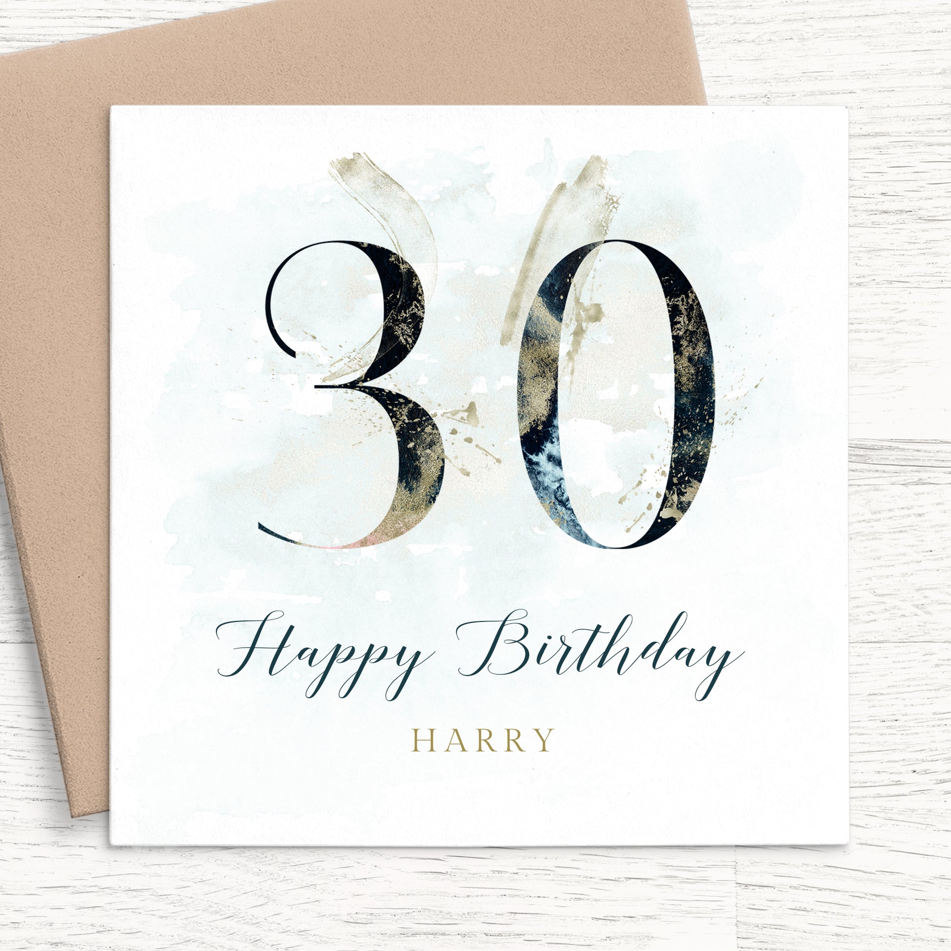 watercolour blue 30th birthday card men personalised square white cardstock kraft brown envelope