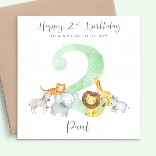 safari animals 2nd birthday card boy girl personalised matte white cardstock kraft brown envelope