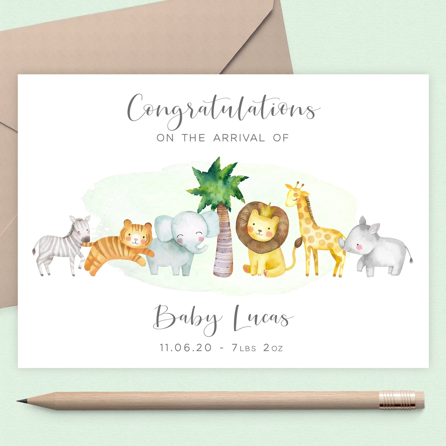 safari animals new baby personalised card matte white cardstock kraft brown envelope