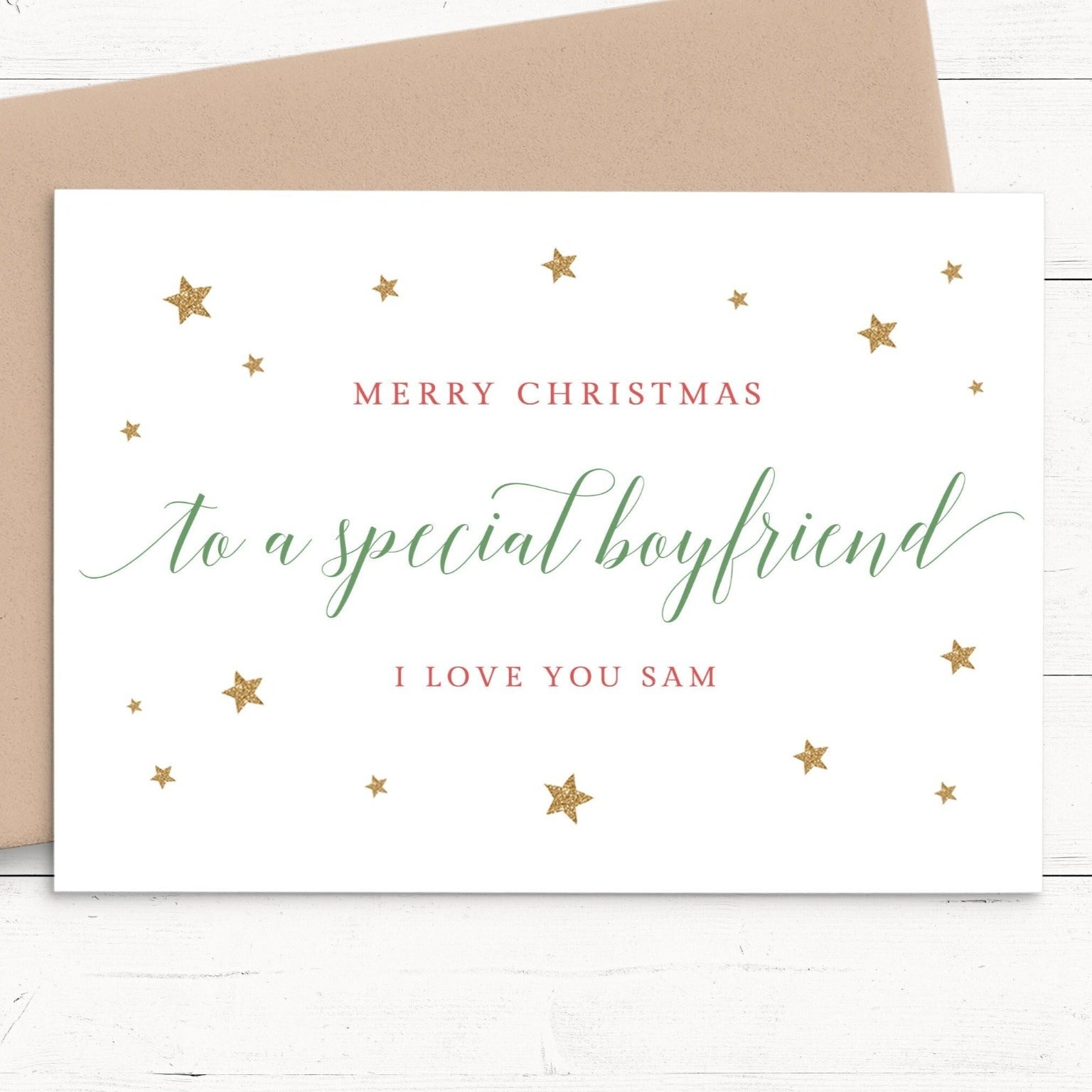 merry christmas boyfriend personalised christmas card smoother matte white cardstock kraft brown envelope boy man couple