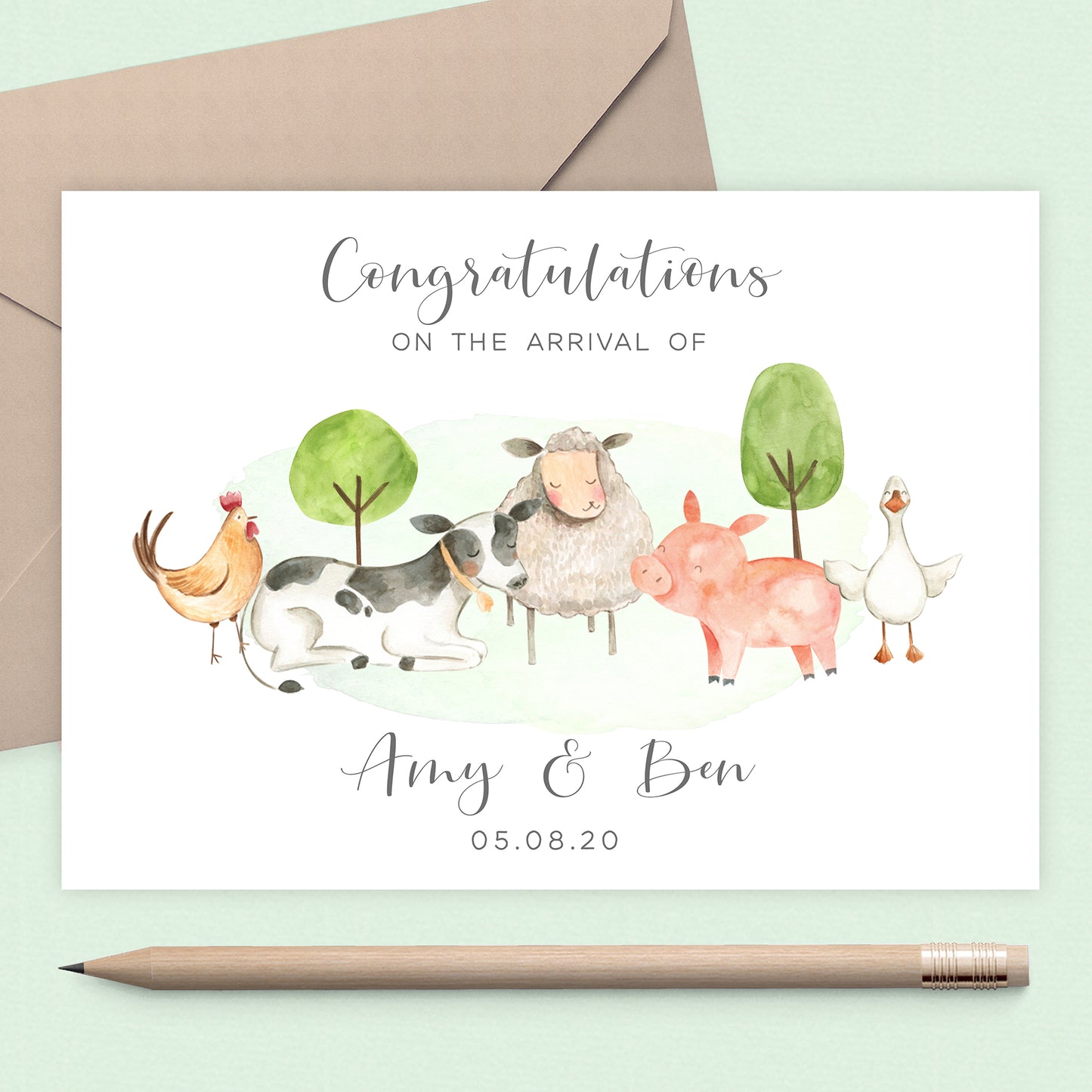 farm animals new baby card personalised matte white cardstock kraft brown envelope