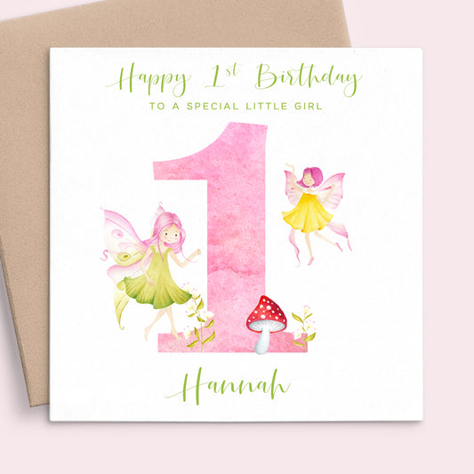 girls fairy first birthday card personalised matte white cardstock kraft brown envelope