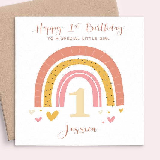 girls rainbow first birthday card personalised matte white cardstock kraft brown envelope