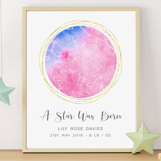 pink watercolour a star was born star map print personalised baby girl birth unframed matte white paperstock