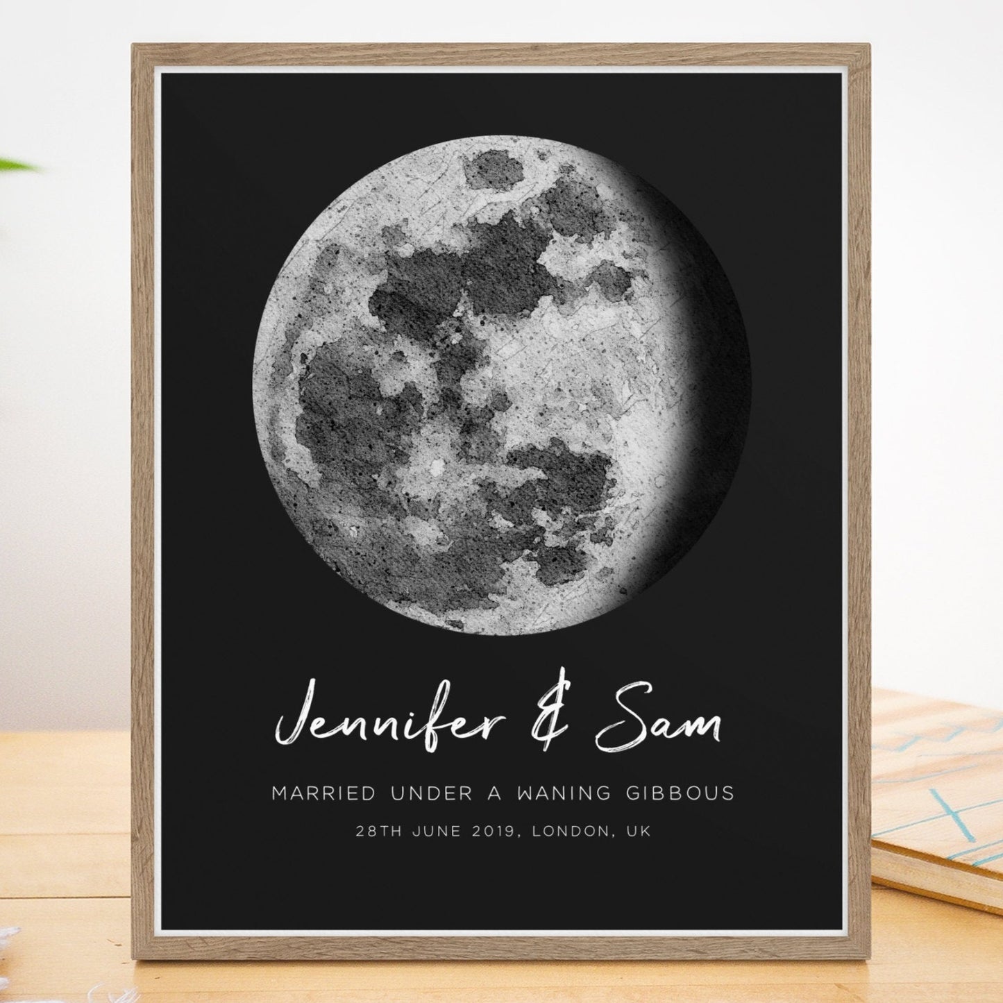 black custom moon phase print couples names wedding date matte paperstock unframed
