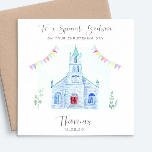 blue church boys christening card personalised matte smooth white cardstock kraft brown envelope