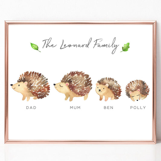 watercolour hedgehog family print personalised with names unframed matte paperstock
