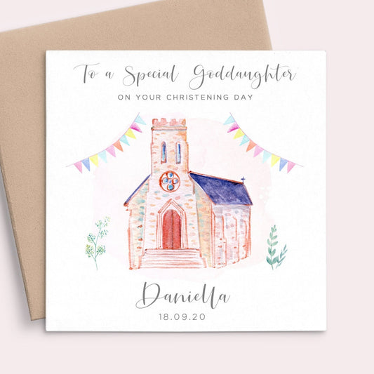 pink church girls christening card personalised matte smooth white cardstock kraft brown envelope