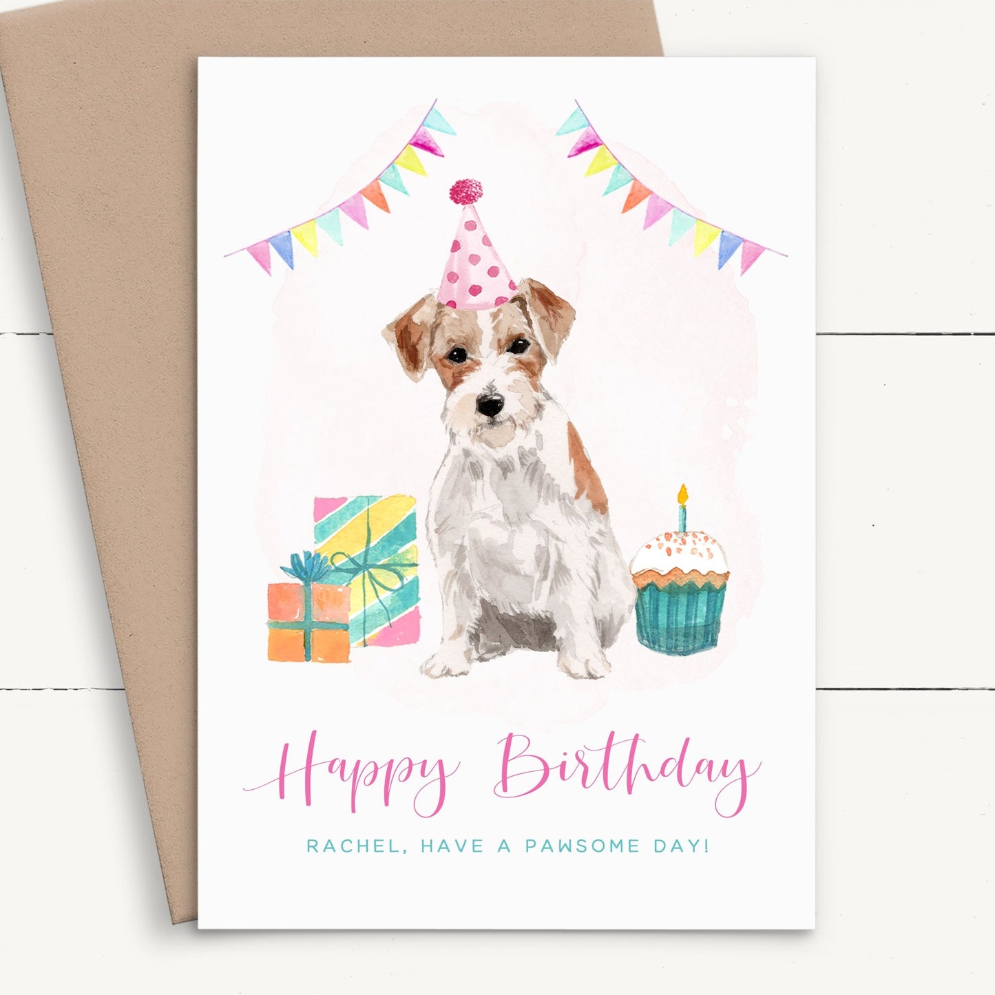 girls cute watercolour jack russell birthday card personalised smooth matte white cardstock kraft brown envelope