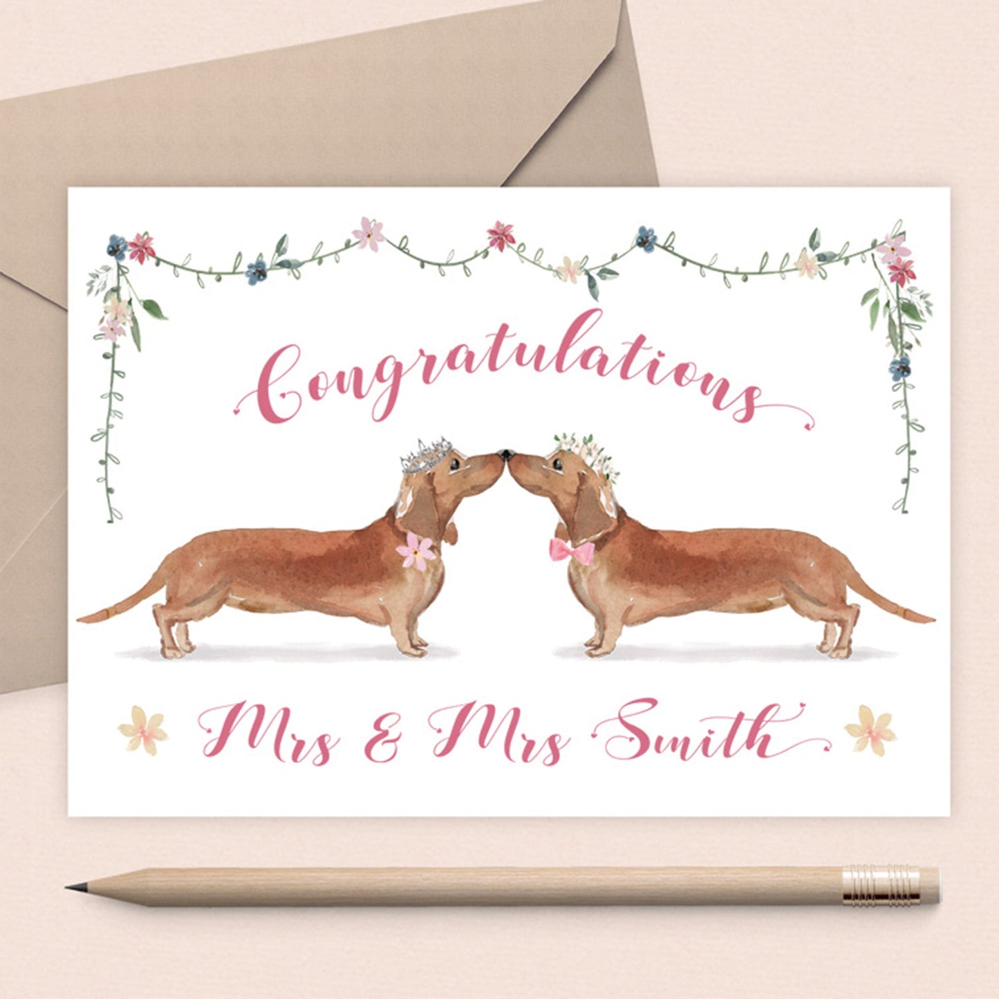 Lesbian Wedding Cards Personalised, Watercolour Dachshund Design