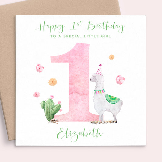 girls llama first birthday card personalised matte white cardstock kraft brown envelope