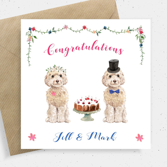 watercolour cockapoo wedding card for bride and groom personalised matte smooth white cardstock kraft brown envelope